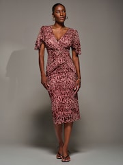 Jolie Moi Pink Print Mesh Angel Sleeve Bodycon Midi Dress - Image 5 of 6