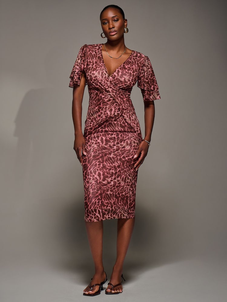 Jolie Moi Pink Print Mesh Angel Sleeve Bodycon Midi Dress - Image 6 of 6 Jolie Moi Pink Print Mesh Angel Sleeve Bodycon Midi Dress - Image 6 of 6