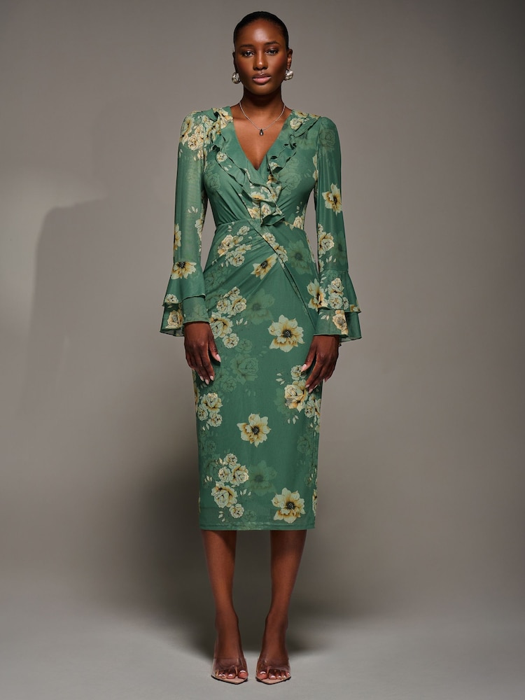 Jolie Moi Green Frill Sleeve Pleated Wrap Midi Dress - Image 1 of 6 Jolie Moi Green Frill Sleeve Pleated Wrap Midi Dress - Image 1 of 6