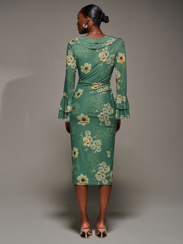 Jolie Moi Green Frill Sleeve Pleated Wrap Midi Dress - Image 2 of 6 Jolie Moi Green Frill Sleeve Pleated Wrap Midi Dress - Image 2 of 6