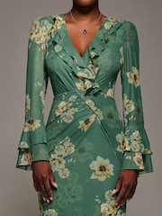Jolie Moi Green Frill Sleeve Pleated Wrap Midi Dress - Image 3 of 6