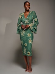 Jolie Moi Green Frill Sleeve Pleated Wrap Midi Dress - Image 4 of 6