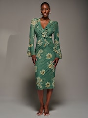 Jolie Moi Green Frill Sleeve Pleated Wrap Midi Dress - Image 5 of 6