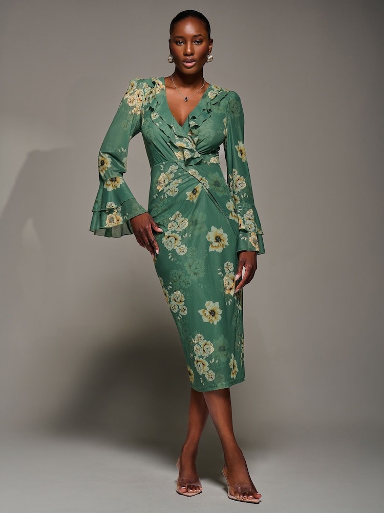 Jolie Moi Green Frill Sleeve Pleated Wrap Midi Dress - Image 6 of 6 Jolie Moi Green Frill Sleeve Pleated Wrap Midi Dress - Image 6 of 6