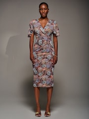 Jolie Moi Blue Print Mesh Angel Sleeve Bodycon Midi Dress - Image 1 of 7