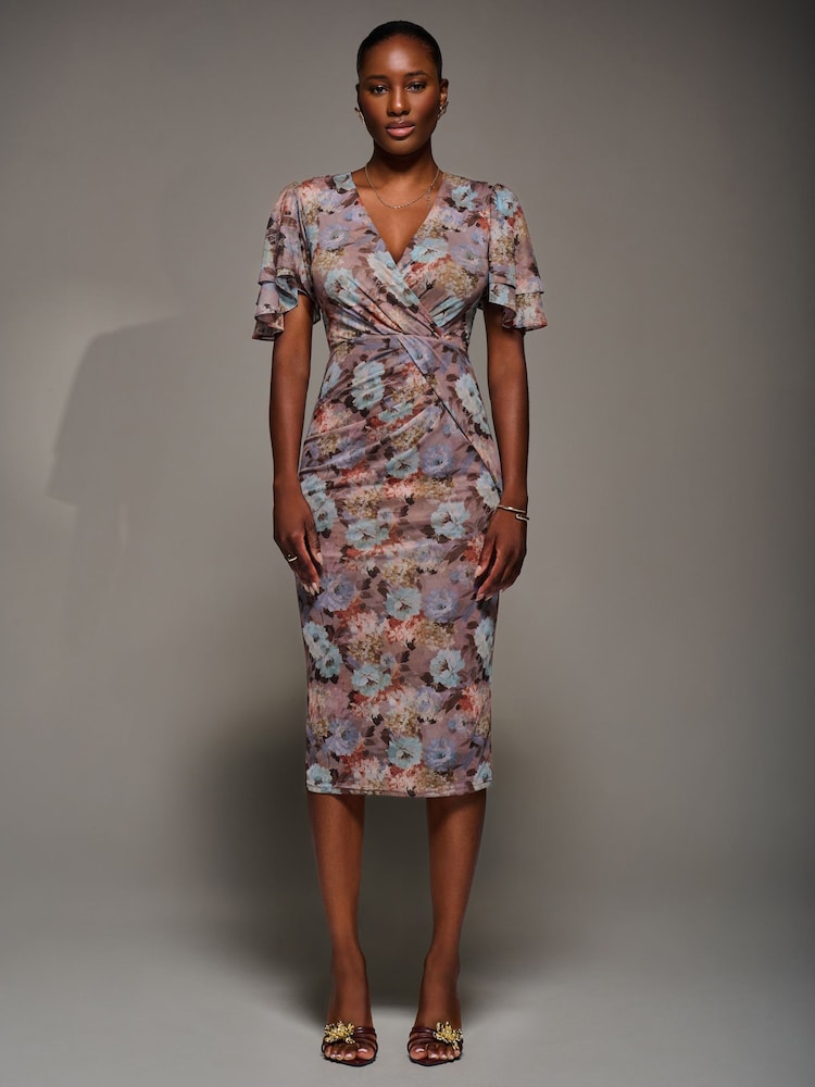Jolie Moi Blue Print Mesh Angel Sleeve Bodycon Midi Dress - Image 1 of 7 Jolie Moi Blue Print Mesh Angel Sleeve Bodycon Midi Dress - Image 1 of 7