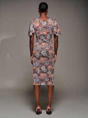 Jolie Moi Blue Print Mesh Angel Sleeve Bodycon Midi Dress - Image 2 of 7