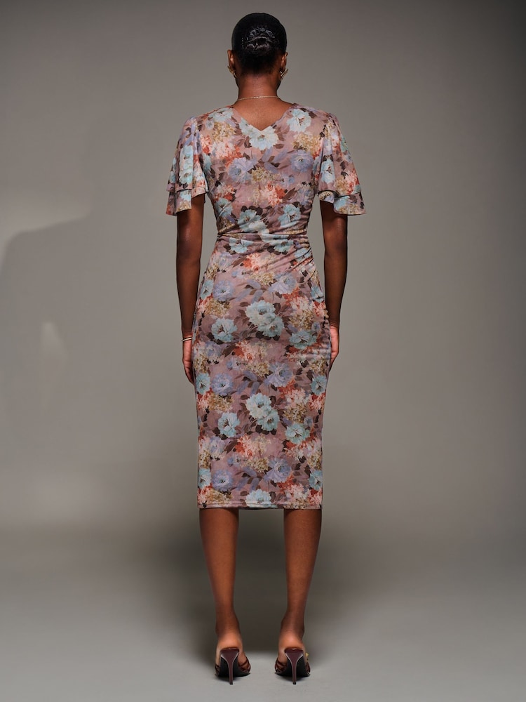 Jolie Moi Blue Print Mesh Angel Sleeve Bodycon Midi Dress - Image 2 of 7