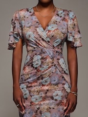 Jolie Moi Blue Print Mesh Angel Sleeve Bodycon Midi Dress - Image 3 of 7