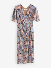 Jolie Moi Blue Print Mesh Angel Sleeve Bodycon Midi Dress - Image 7 of 7