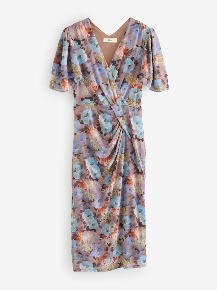 Jolie Moi Blue Print Mesh Angel Sleeve Bodycon Midi Dress - Image 7 of 7