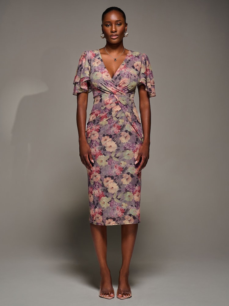Jolie Moi Purple Print Mesh Angel Sleeve Bodycon Midi Dress - Image 1 of 6