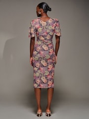 Jolie Moi Purple Print Mesh Angel Sleeve Bodycon Midi Dress - Image 2 of 6