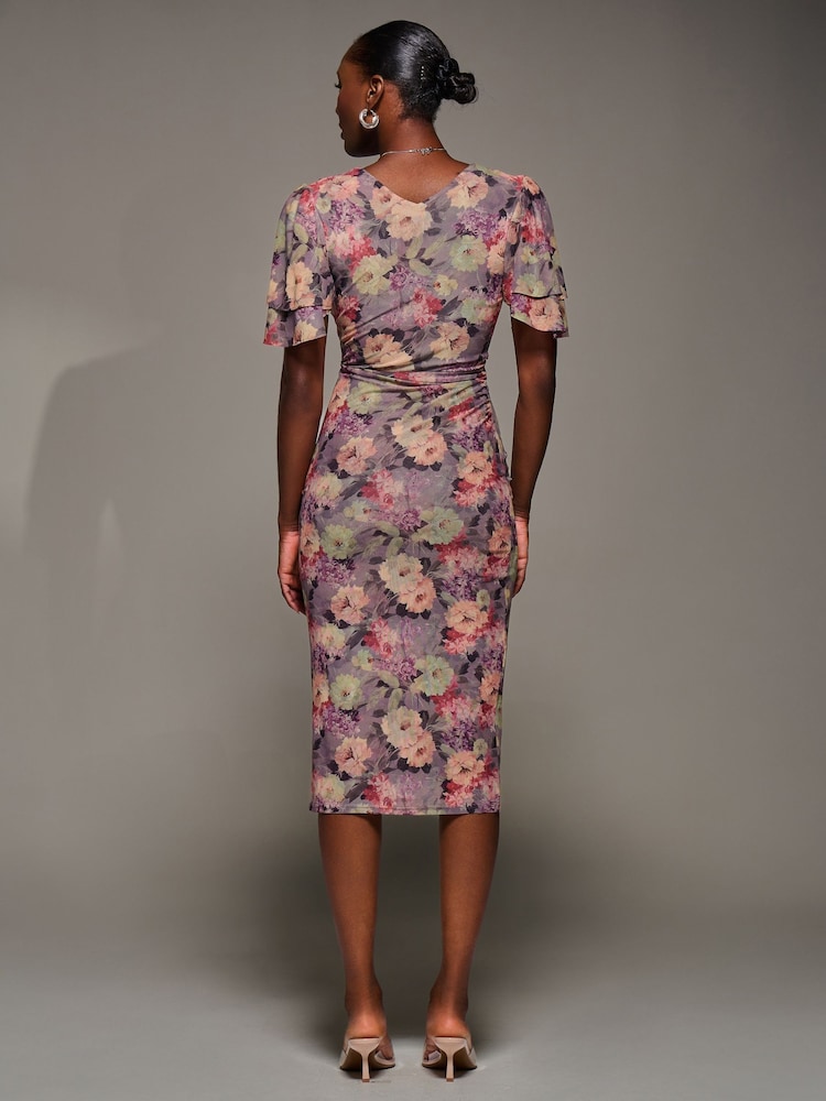Jolie Moi Purple Print Mesh Angel Sleeve Bodycon Midi Dress - Image 2 of 6