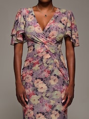 Jolie Moi Purple Print Mesh Angel Sleeve Bodycon Midi Dress - Image 3 of 6