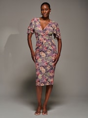 Jolie Moi Purple Print Mesh Angel Sleeve Bodycon Midi Dress - Image 4 of 6