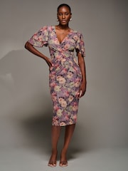 Jolie Moi Purple Print Mesh Angel Sleeve Bodycon Midi Dress - Image 5 of 6