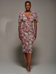 Jolie Moi Purple Print Mesh Angel Sleeve Bodycon Midi Dress - Image 6 of 6