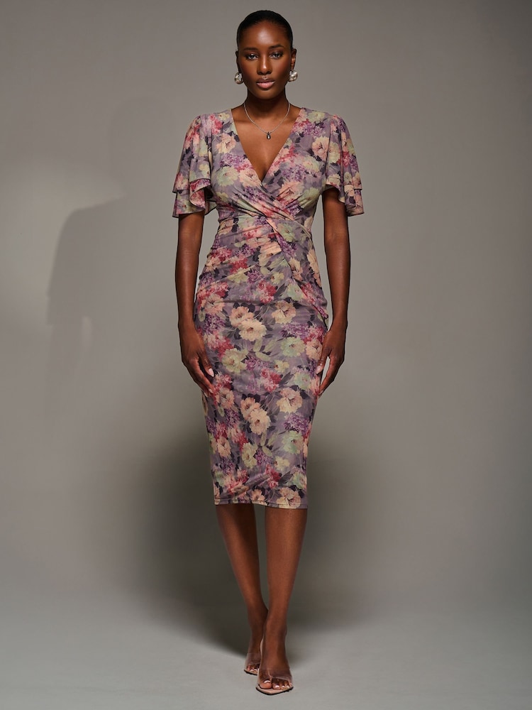 Jolie Moi Purple Print Mesh Angel Sleeve Bodycon Midi Dress - Image 6 of 6