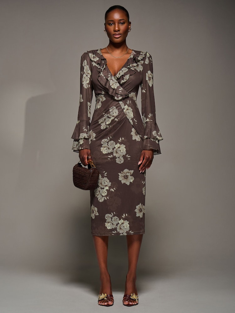 Jolie Moi Brown Frill Sleeve Pleated Wrap Midi Dress - Image 1 of 6 Jolie Moi Brown Frill Sleeve Pleated Wrap Midi Dress - Image 1 of 6