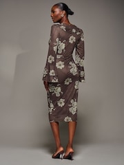 Jolie Moi Brown Frill Sleeve Pleated Wrap Midi Dress - Image 2 of 6