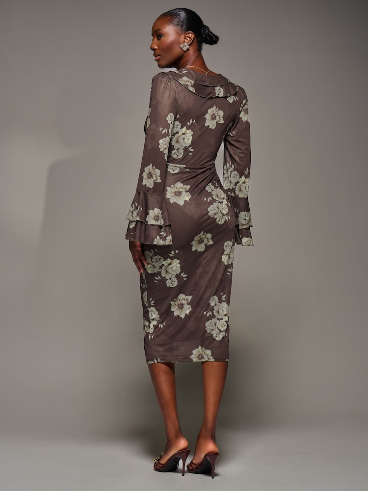 Jolie Moi Brown Frill Sleeve Pleated Wrap Midi Dress - Image 2 of 6 Jolie Moi Brown Frill Sleeve Pleated Wrap Midi Dress - Image 2 of 6