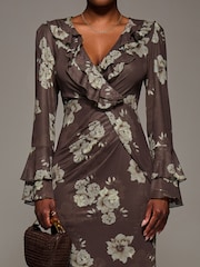 Jolie Moi Brown Frill Sleeve Pleated Wrap Midi Dress - Image 3 of 6