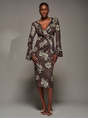 Jolie Moi Brown Frill Sleeve Pleated Wrap Midi Dress - Image 4 of 6