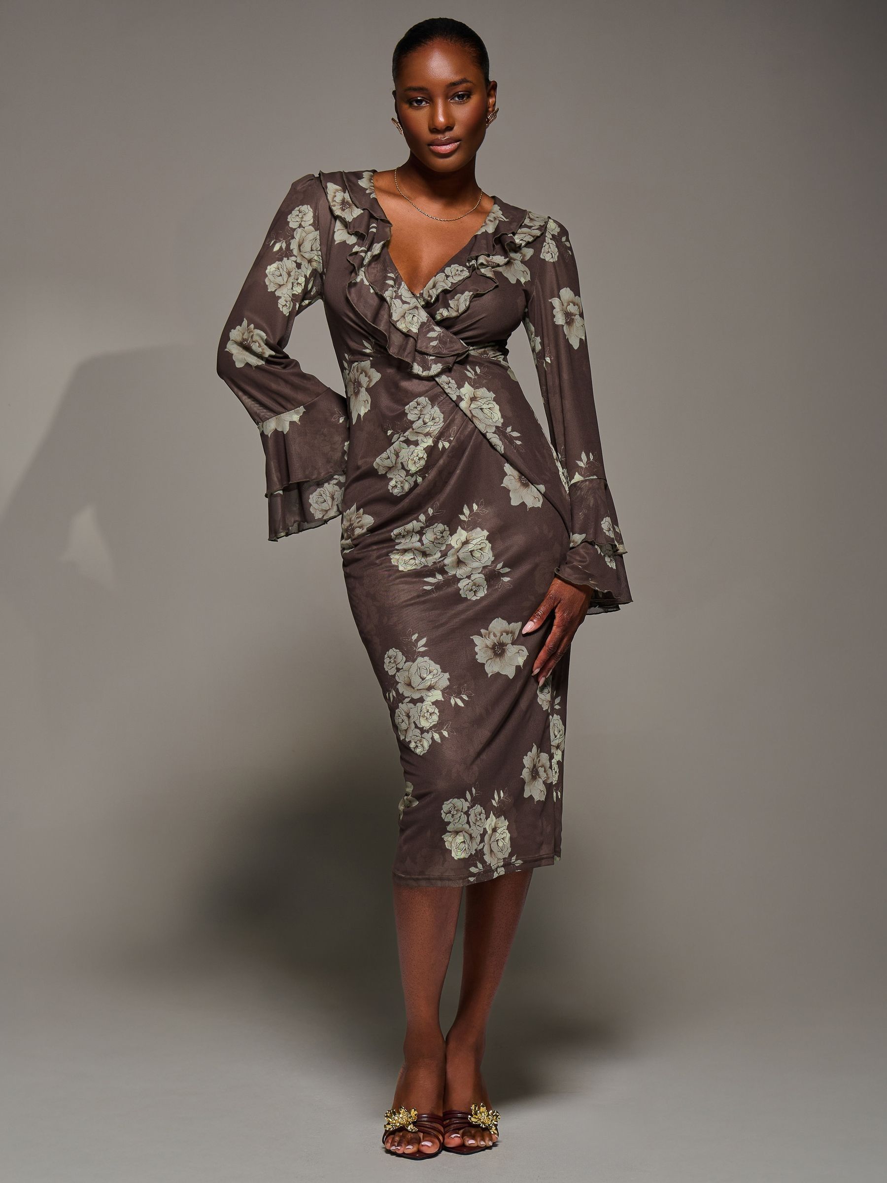 Buy Jolie Moi Brown Frill Sleeve Pleated Wrap Midi Dress from the