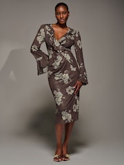 Jolie Moi Brown Frill Sleeve Pleated Wrap Midi Dress - Image 5 of 6