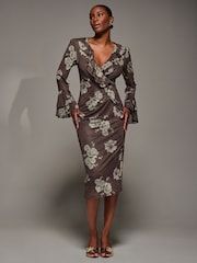 Jolie Moi Brown Frill Sleeve Pleated Wrap Midi Dress - Image 6 of 6
