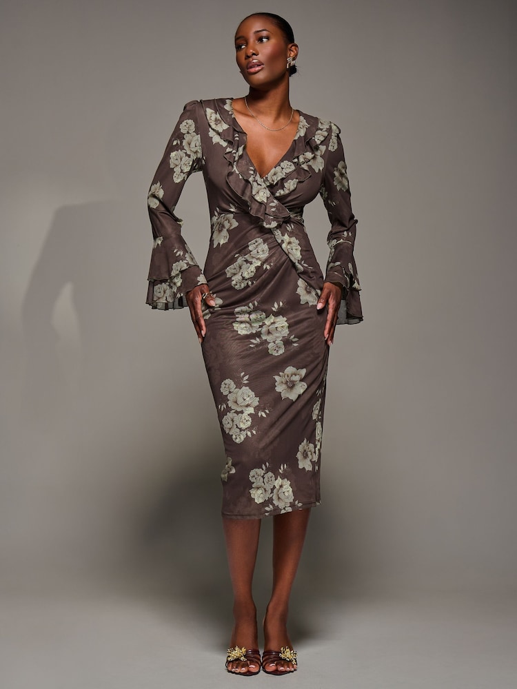 Jolie Moi Brown Frill Sleeve Pleated Wrap Midi Dress - Image 6 of 6 Jolie Moi Brown Frill Sleeve Pleated Wrap Midi Dress - Image 6 of 6