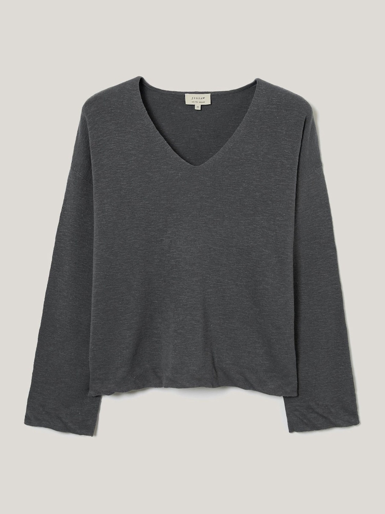 Jigsaw Grey Linen Cotton Twist Hem Jumper - Image 1 of 1