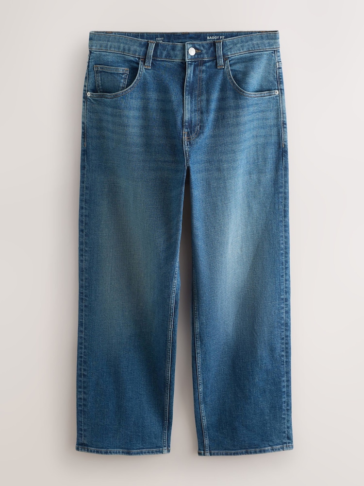 Mid Blue Crosshatch Baggy Fit Classic Stretch Jeans - Image 1 of 5 Mid Blue Crosshatch Baggy Fit Classic Stretch Jeans - Image 1 of 5