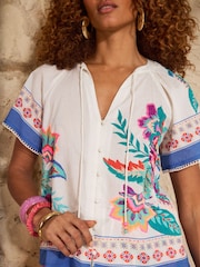 Love & Roses Ivory Tropical Parrot Embroidered Print Petite Beach Top - Image 2 of 4