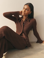 Nothing Ordinary Chocolate Brown Soft Touch Crinkle Jersey Popper Fastening Shirt - Image 2 of 6