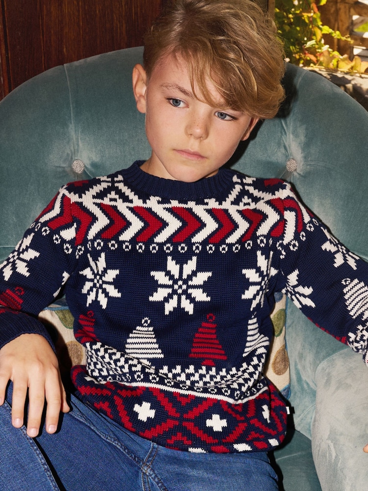 The Little Tailor Kids Blue Christmas Multicoloured Fairisle Cotton Jumper - Image 1 of 7 The Little Tailor Kids Blue Christmas Multicoloured Fairisle Cotton Jumper - Image 1 of 7