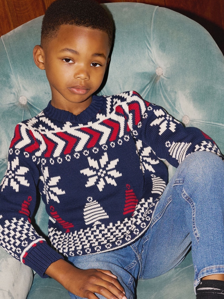The Little Tailor Kids Blue Christmas Multicoloured Fairisle Cotton Jumper - Image 2 of 7 The Little Tailor Kids Blue Christmas Multicoloured Fairisle Cotton Jumper - Image 2 of 7