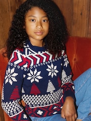 The Little Tailor Kids Blue Christmas Multicoloured Fairisle Cotton Jumper - Image 4 of 7