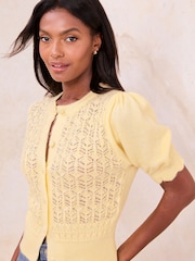 Lipsy Lemon Yellow Stitchy Pointelle Short Puff Sleeve With Self Covered Buttons Knit Cardigan - Image 3 of 4