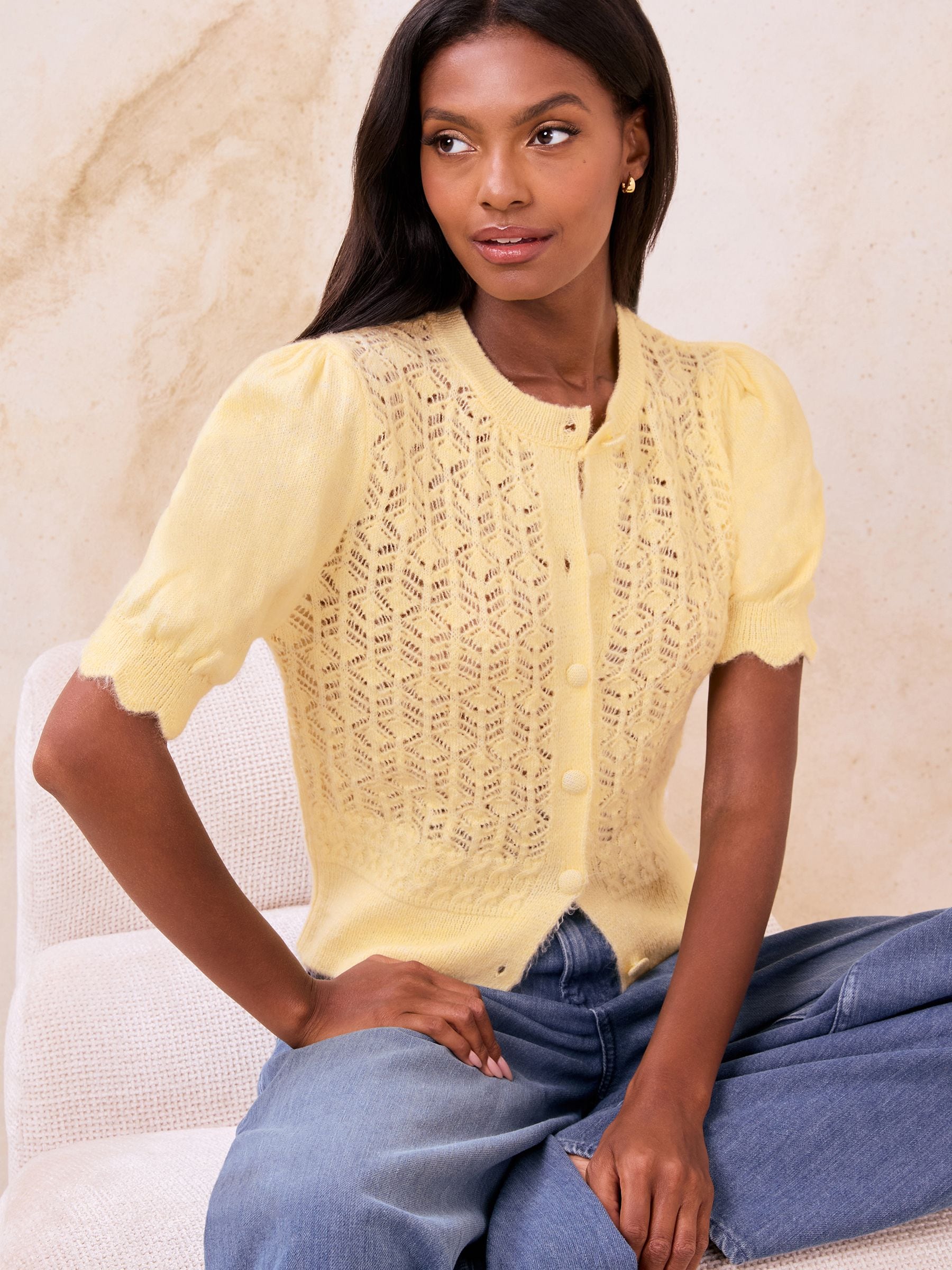 【新品未使用】gold button puff sleeve knit Buy Lipsy Lemon Yellow Stitchy Pointelle Short Puff Sleeve With