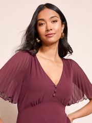 Friends Like These Berry Red Chiffon Angel Sleeve V-Neck Button Midi Dress - Image 3 of 5