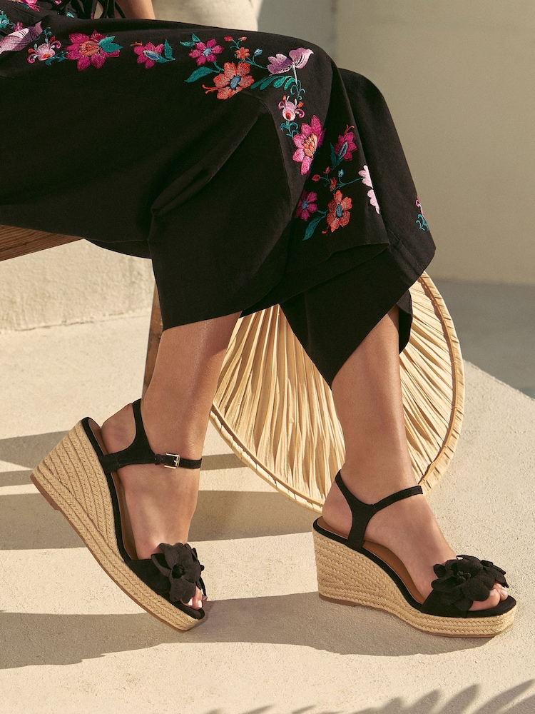 Love & Roses Black Faux Suede Floral Corsage 2 Part Mid Heel Summer Wedges - Image 1 of 4