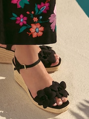 Love & Roses Black Faux Suede Floral Corsage 2 Part Mid Heel Summer Wedges - Image 2 of 4