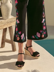 Love & Roses Black Faux Suede Floral Corsage 2 Part Mid Heel Summer Wedges - Image 3 of 4