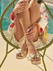 Love & Roses Gold Faux Leather Floral Corsage 2 Part Mid Heel Summer Wedges - Image 2 of 4