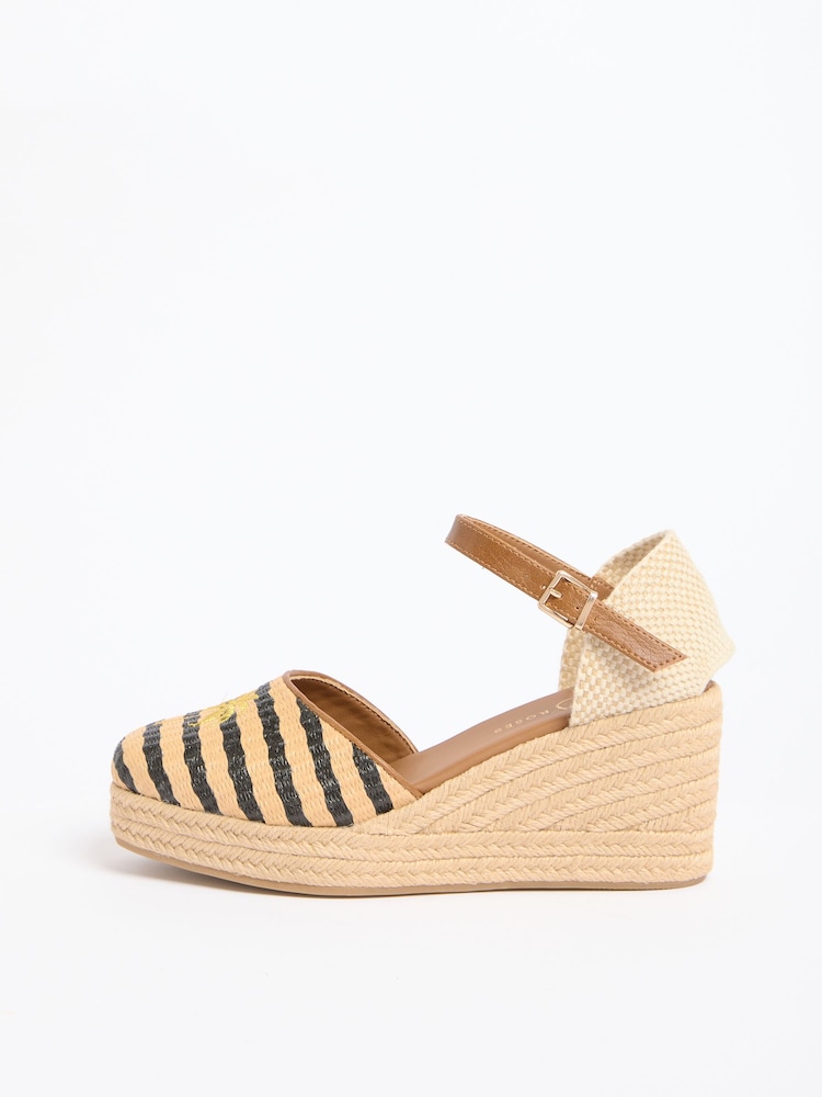 Love & Roses Navy Stripe Raffia Closed Toe Mid Heel Summer Wedges - Image 6 of 6 Love & Roses Navy Stripe Raffia Closed Toe Mid Heel Summer Wedges - Image 6 of 6