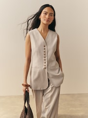 Nothing Ordinary Neutral Viscose Blend Longline Button Through Tailored Waistcoat - Image 1 of 5