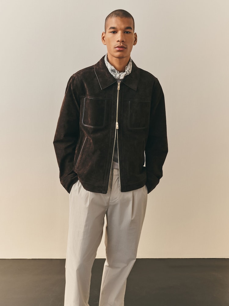 Nothing Ordinary Chocolate Brown Real Suede And Double Zip Jacket - Image 7 of 7