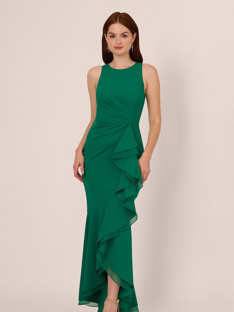 Adrianna Papell Green Ruffle Crepe Halter Gown - Image 1 of 7